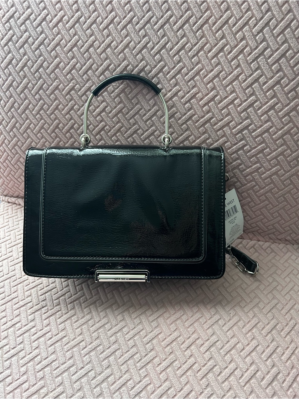 Nine West Black Patent Top-Handle Satchel with Silver Hardware
